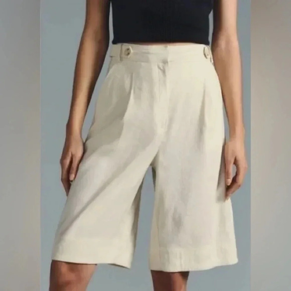 Meave By Anthropologie Long Lined Linen Blend Ivory Shorts Size 8 - Picture 1 of 9